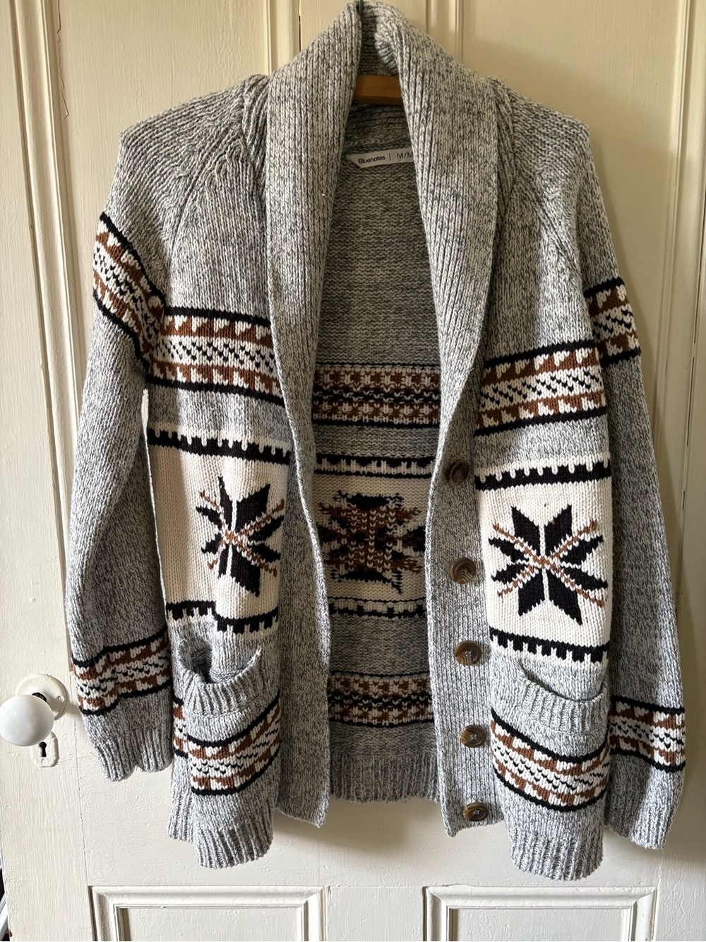 Bluenotes Women’s Gray Knit Shawl Collar Nordic Cardigan with Brown Accents